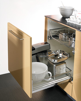 Front Pull-Out base unit, installation behind hinged doors, roller bearing guided, shelf