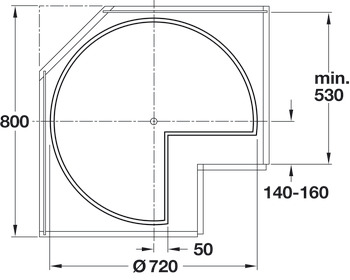 Three-quarter circle revolving shelf set, for base cabinet 800 x 800 mm