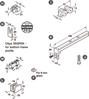 Bottom Guide, for Sliding Glass Cabinet Doors, Eku-Clipo 35 GPK