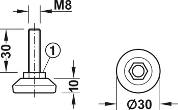 Adjusting screw, Rotating, with plastic foot plate