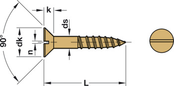 Wood screw, Countersunk head, flat blade DIN 97, bright brass