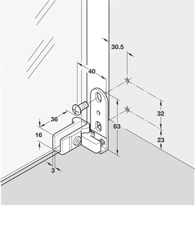 Glass door hinge, for door mounting without glass drilling, inset mounting