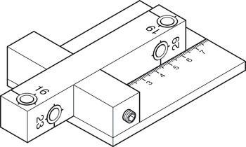 Precision drilling jig, for mitre joint connections using Minifix, bolt hole