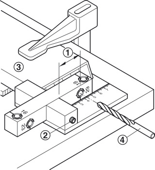 Precision drilling jig, for mitre joint connections using Minifix, bolt hole