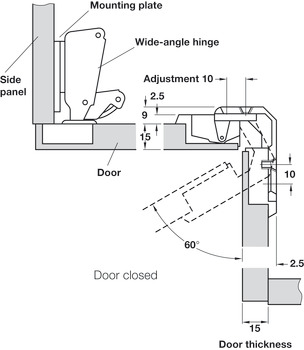 Hinge, for folding door for corner cabinets, 4–18 mm gap