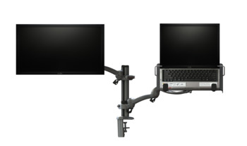Dual multifunction flat screen arm, ellipta, laptop tray with Econopost