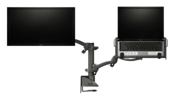 Dual multifunction flat screen arm, ellipta, laptop tray with Universal post